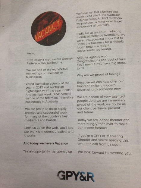 GPY&R Melbourne's ad in the AFR