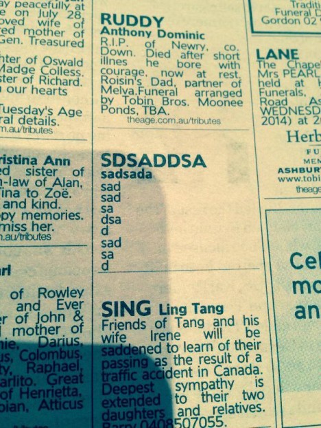 The Age Sad classifieds subbing error