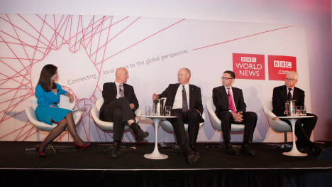 Panel (l-r): Yalda Hakim, BBC World News presenter and correspondent; Tim Costello, CEO World Vision Australia; Richard Goyder MD Wesfarmers; Alex Malley, CEO CPA; Robert Milliner, the B20 Sherpa.