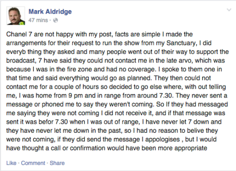 Mark Aldridge Facebook post