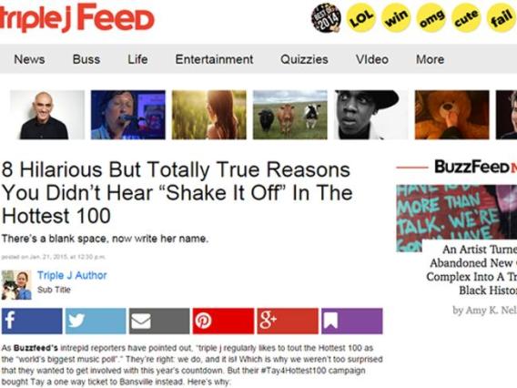 Triple J disqualifies Taylor Swift from Hottest 100 because Buzzfeed tried to ‘troll the poll’