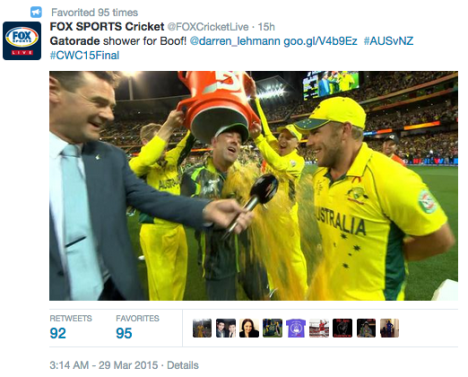 lehman gatorade cricket world cup fox sports