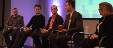 The panel (l-r): Tim Burrowes, Mumbrella (moderator); Tristan Masters, Standard Media Index; Dan Sinfield, Carat; Ed Smith, Foxtel; Felicity Emmett, ANZ