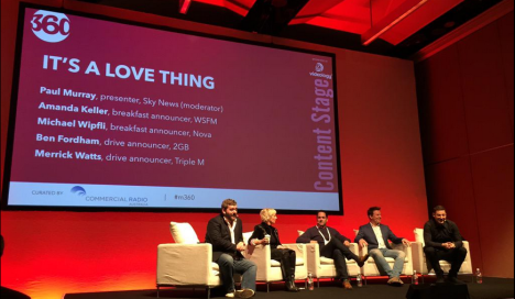 Radio panel at Mumbrella360 L:R Paul Murray, Amanda Keller, Michael Wipfli' Wippa', Ben Fordham, Merrick Watts