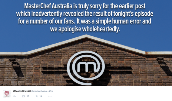 Masterchef apologises for posting spoiler on result of tonight’s episode