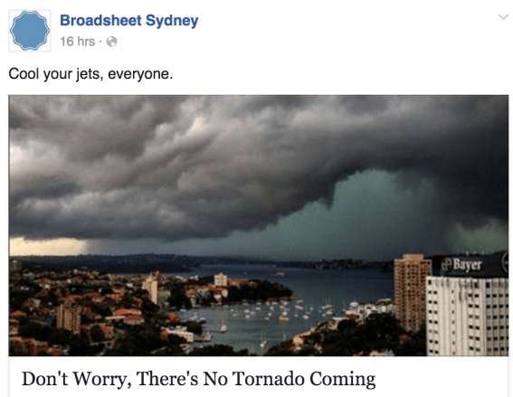 ‘Don’t Worry, There’s No Tornado Coming’, Broadsheet tells readers before tornado comes