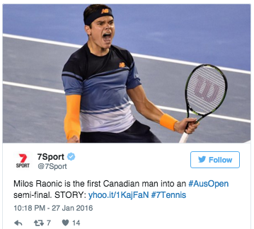 711,000 viewers watched Milos Raonic win his way through to the Australian Open semi-final