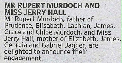 rupert murdoch jerry hall the times engagement announcement