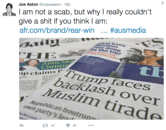 Fairfax columnist Joe Aston labels colleagues’ strike action ‘unlawful’ after being called a scab