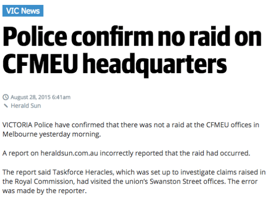 Herald Sun censured by Press Council for inaccurate report on raid on CFMEU offices