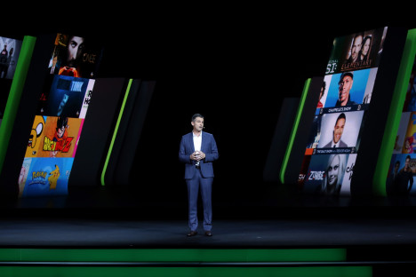 "NEW YORK, NY - MAY 04: Hulu CEO Mike Hopkins speaks onstage at the 2016 Hulu Upftont on May 04, 2016 in New York, New York. (Photo by Bennett Raglin/Getty Images for Hulu)"