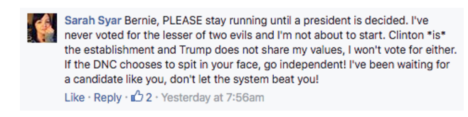 Brodie Evans Bernie vs Hillary - sarah syer tweet