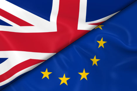 Flags of the United Kingdom and the European Union Divided Diagonally - 3D Render of the UK Flag and EU Flag with Silky Texture
