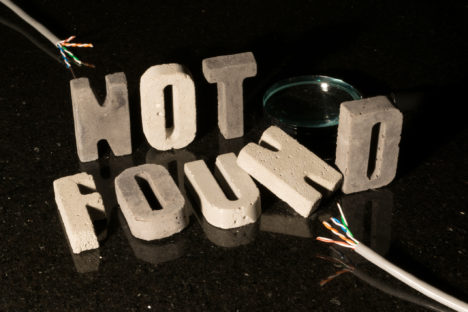 Not found text for missing page or file when linking or searching on website.
