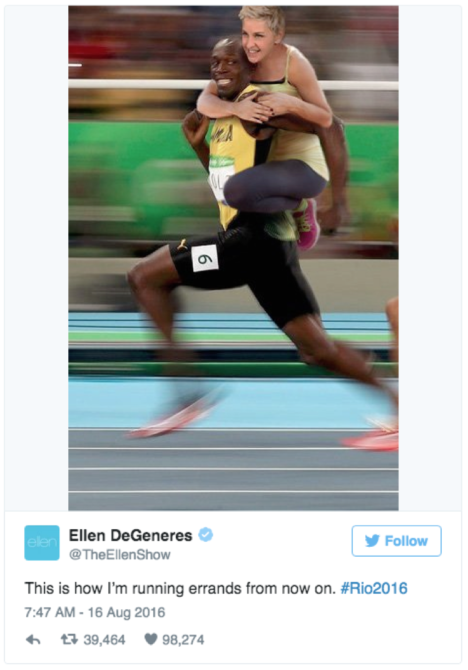 ellen degeneres usain bolt suzie shaw we are social rio olympics