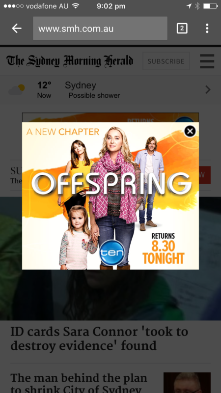 SMH's pop-up ad for Offspring 