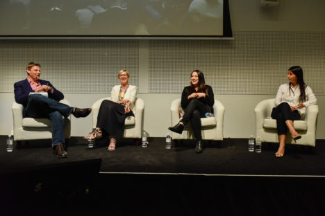 The media buyer's panel (l-r): Mumbrella editor Alex Hayes (moderator), Carat's Peita Pacey, Maxus' Zoe May and Starcom's Rebecca Ho 