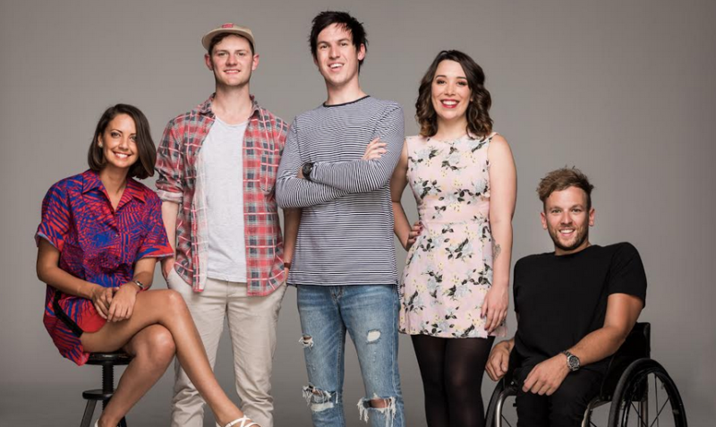 Triple J's new breakfast team Ben Harvey, Liam Stapleton & Brooke Boney, with regular guests Dylan Alcott and Gen Fricker
