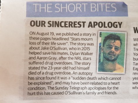 The Sunday Telegraph issues apology for incorrect Jake O’Sullivan drug overdose claim