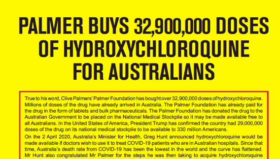 Clive Palmer takes out three-page ads promoting purchase of malaria drug, hydroxychloroquine