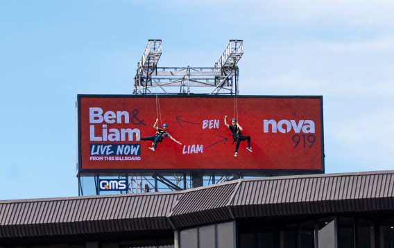 Nova’s Ben & Liam broadcast live from an Adelaide billboard